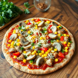 A delicious pizza featuring a vibrant array of toppings including mushroom slices, chopped colored peppers (red, yellow, and green), sweet corn, and tender chicken pieces