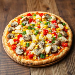 A delicious pizza featuring a vibrant array of toppings including mushroom slices, chopped colored peppers (red, yellow, and green), sweet corn, and tender chicken pieces