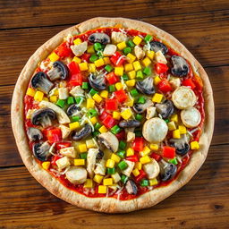 A delicious pizza featuring a vibrant array of toppings including mushroom slices, chopped colored peppers (red, yellow, and green), sweet corn, and tender chicken pieces