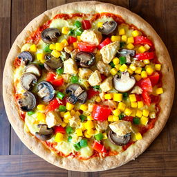 A delicious pizza featuring a vibrant array of toppings including mushroom slices, chopped colored peppers (red, yellow, and green), sweet corn, and tender chicken pieces