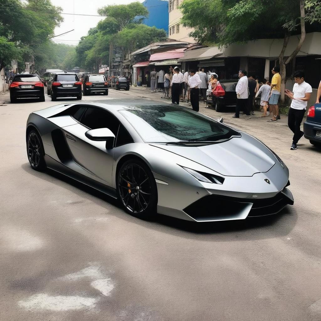 A handsome man in a stylish suit standing confidently in front of a sleek, shiny Lamborghini