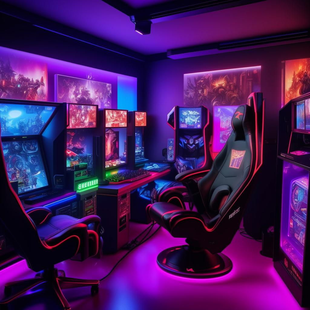 A high-tech gaming room filled with LED lights, multiple monitors, a state-of-the-art gaming chair, and collections of various game titles