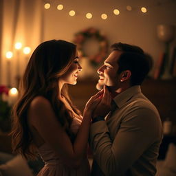 A romantic scene of a husband holding his wife's chin gently with both hands, gazing deeply into her eyes as they lean in for a kiss