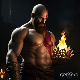 Kratos, the iconic character from God of War, standing imposingly in a dark, dramatic setting