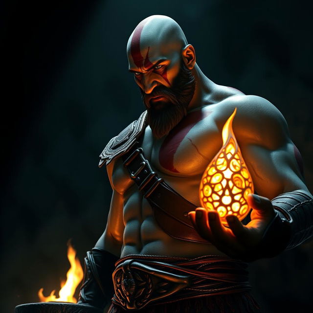 Kratos, the iconic character from God of War, standing imposingly in a dark, dramatic setting