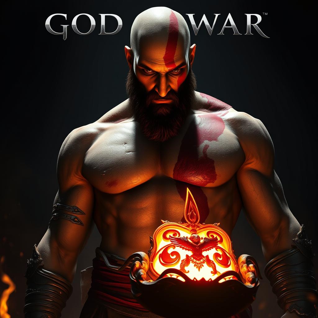 Kratos, the iconic character from God of War, standing imposingly in a dark, dramatic setting