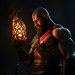 Kratos, the iconic character from God of War, standing imposingly in a dark, dramatic setting