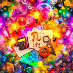 A visually captivating and colorful representation of mathematics, featuring intricate equations, geometric shapes, and symbols like pi and infinity