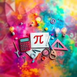 A visually captivating and colorful representation of mathematics, featuring intricate equations, geometric shapes, and symbols like pi and infinity