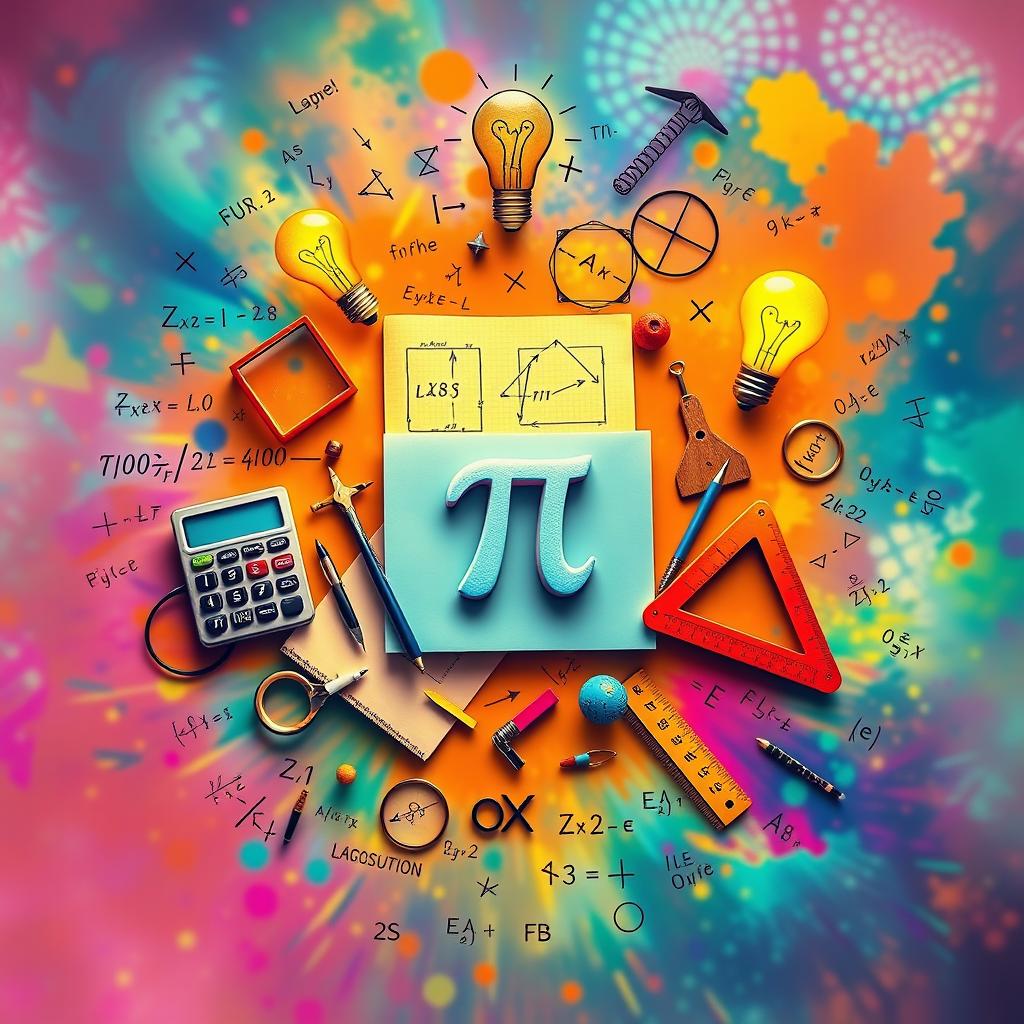 A visually captivating and colorful representation of mathematics, featuring intricate equations, geometric shapes, and symbols like pi and infinity