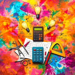 A visually captivating and colorful representation of mathematics, featuring intricate equations, geometric shapes, and symbols like pi and infinity