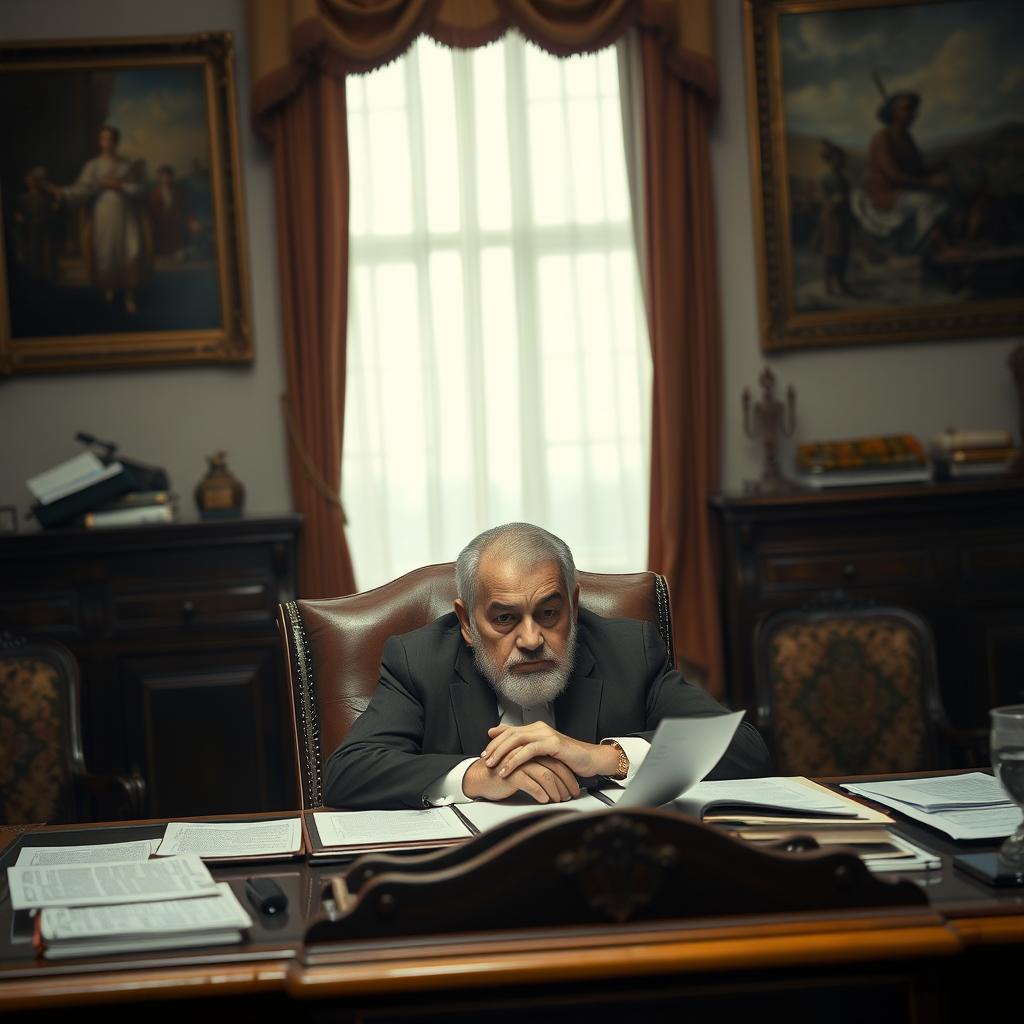 A portrait of the Iranian president looking contemplative with a somber expression