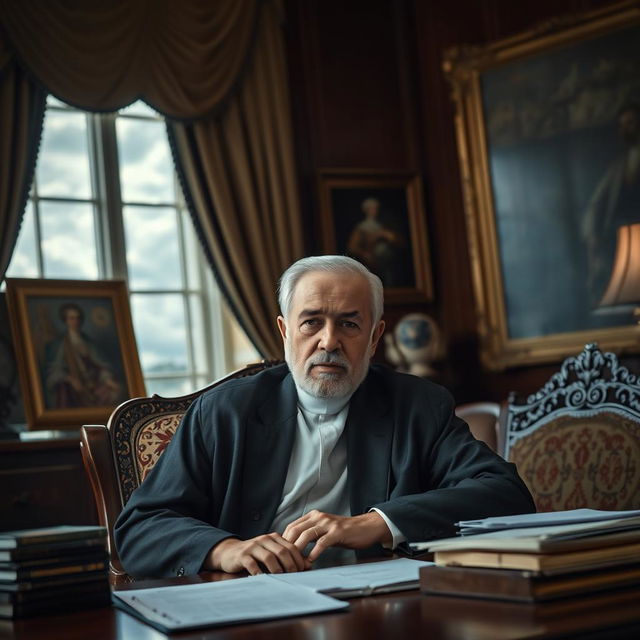 A portrait of the Iranian president looking contemplative with a somber expression