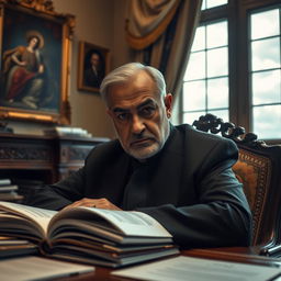 A portrait of the Iranian president looking contemplative with a somber expression