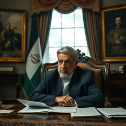 A portrait of the Iranian president looking contemplative with a somber expression