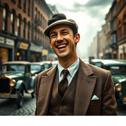 Tommy Shelby, a tall man with slicked-back dark hair and sharp features, dressed in a stylish 1920s three-piece suit with a flat cap, laughing joyfully in an outdoor setting