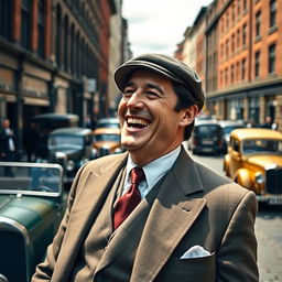 Tommy Shelby, a tall man with slicked-back dark hair and sharp features, dressed in a stylish 1920s three-piece suit with a flat cap, laughing joyfully in an outdoor setting