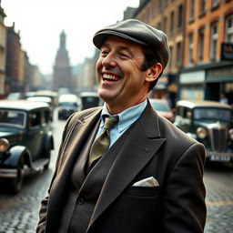 Tommy Shelby, a tall man with slicked-back dark hair and sharp features, dressed in a stylish 1920s three-piece suit with a flat cap, laughing joyfully in an outdoor setting