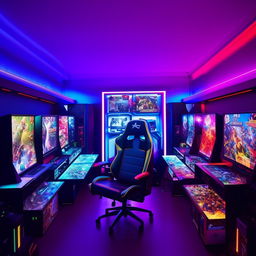 A high-tech gaming room filled with LED lights, multiple monitors, a state-of-the-art gaming chair, and collections of various game titles