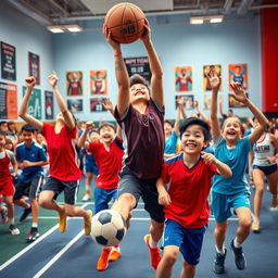 A vibrant and exciting photo for a school sports room, showcasing a dynamic scene of various athletes engaged in different sports like basketball, soccer, and gymnastics