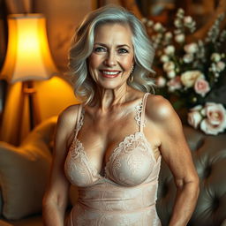 An elegant elderly woman exuding confidence and charm, wearing a beautifully designed lace lingerie set that embraces her figure gracefully