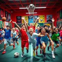 A vibrant and exciting photo for a school sports room, showcasing a dynamic scene of various athletes engaged in different sports like basketball, soccer, and gymnastics
