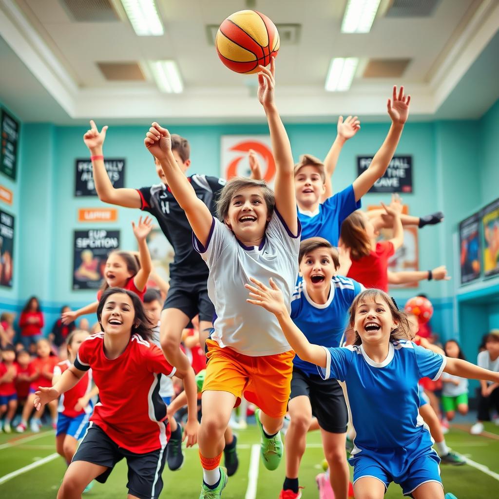 A vibrant and exciting photo for a school sports room, showcasing a dynamic scene of various athletes engaged in different sports like basketball, soccer, and gymnastics