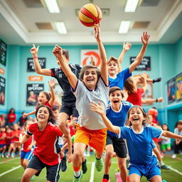 A vibrant and exciting photo for a school sports room, showcasing a dynamic scene of various athletes engaged in different sports like basketball, soccer, and gymnastics