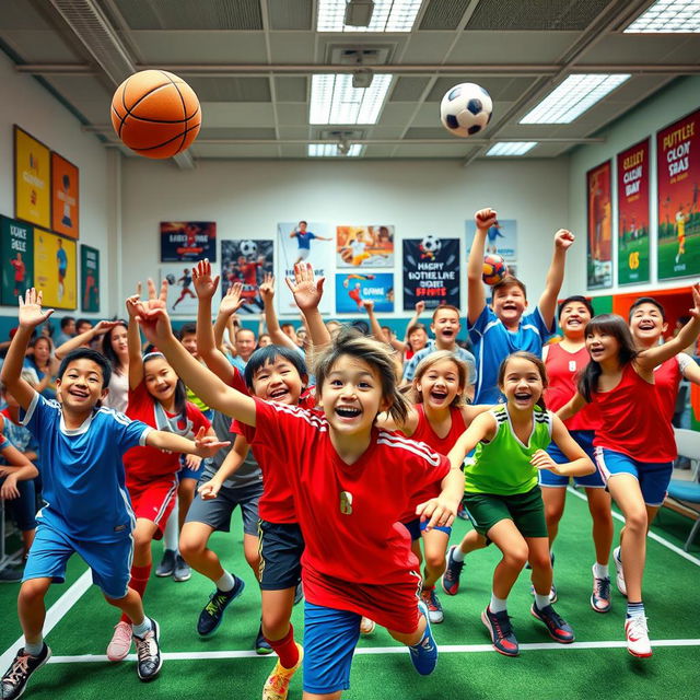 A vibrant and exciting photo for a school sports room, showcasing a dynamic scene of various athletes engaged in different sports like basketball, soccer, and gymnastics