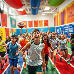 A beautiful and colorful photo for a school sports room, capturing a dynamic and exciting environment filled with various athletes participating in sports such as basketball, soccer, and track and field