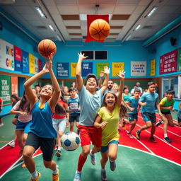A beautiful and colorful photo for a school sports room, capturing a dynamic and exciting environment filled with various athletes participating in sports such as basketball, soccer, and track and field