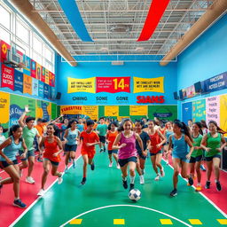 A beautiful and colorful photo for a school sports room, capturing a dynamic and exciting environment filled with various athletes participating in sports such as basketball, soccer, and track and field