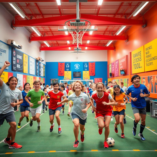 A beautiful and colorful photo for a school sports room, capturing a dynamic and exciting environment filled with various athletes participating in sports such as basketball, soccer, and track and field