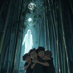 A spooky bamboo grove at night, with tall bamboo stalks swaying gently in the wind