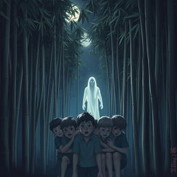A spooky bamboo grove at night, with tall bamboo stalks swaying gently in the wind
