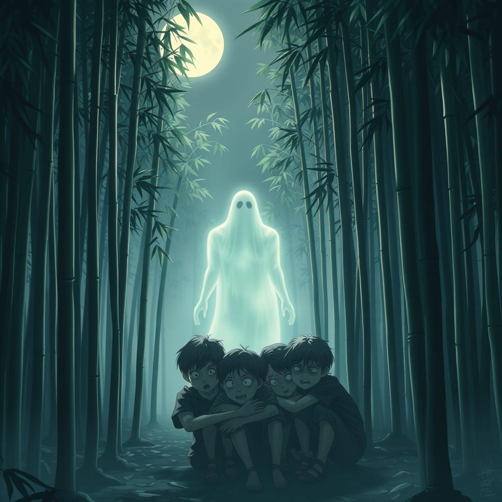 A spooky bamboo grove at night, with tall bamboo stalks swaying gently in the wind