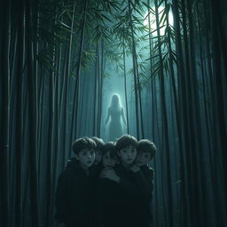 A spooky bamboo grove at night, with tall bamboo stalks swaying gently in the wind