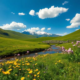 A serene landscape showcasing rolling green hills under a clear blue sky, with fluffy white clouds scattered throughout