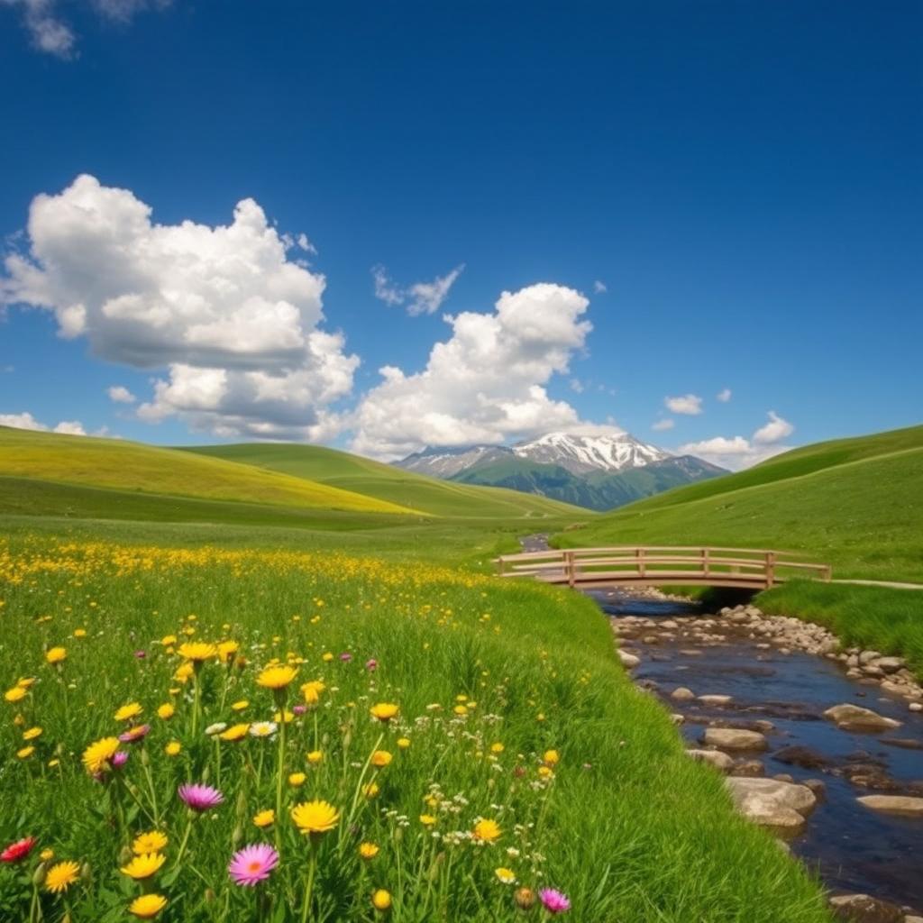 A serene landscape showcasing rolling green hills under a clear blue sky, with fluffy white clouds scattered throughout