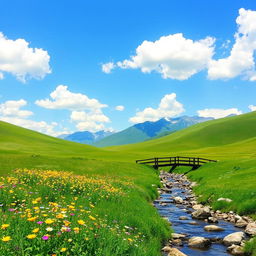 A serene landscape showcasing rolling green hills under a clear blue sky, with fluffy white clouds scattered throughout