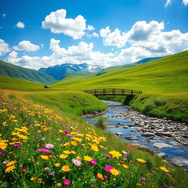 A serene landscape showcasing rolling green hills under a clear blue sky, with fluffy white clouds scattered throughout