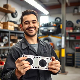 A cheerful car mechanic smiling proudly while holding a cylinder head gasket, surrounded by a well-organized garage filled with tools and car parts