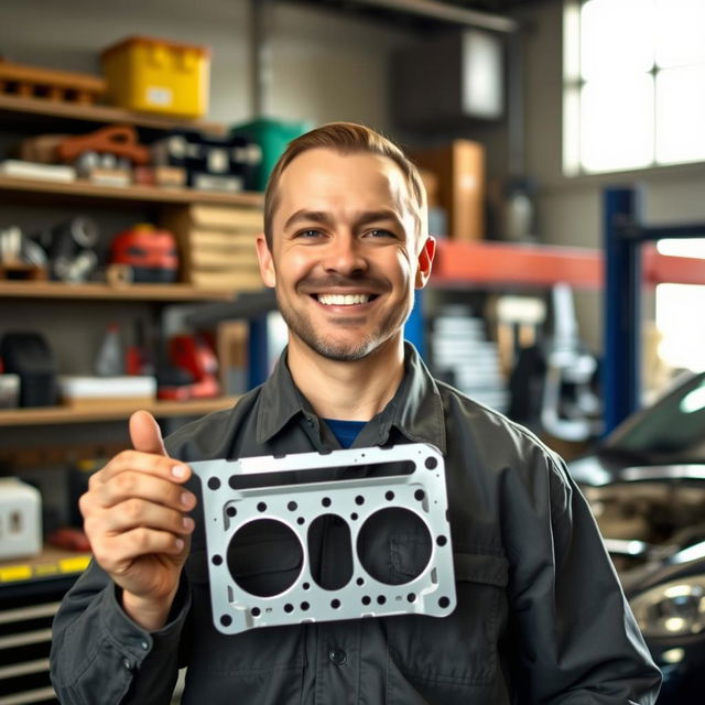 A cheerful car mechanic smiling proudly while holding a cylinder head gasket, surrounded by a well-organized garage filled with tools and car parts