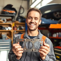 A cheerful car mechanic smiling proudly while holding a cylinder head gasket, surrounded by a well-organized garage filled with tools and car parts