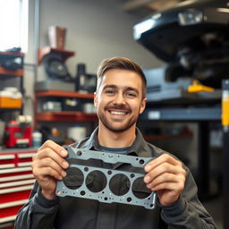 A cheerful car mechanic smiling proudly while holding a cylinder head gasket, surrounded by a well-organized garage filled with tools and car parts