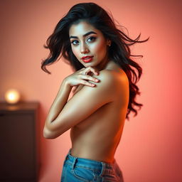 A confident young woman engaging in a playful and artistic pose, embracing her body in a tasteful manner