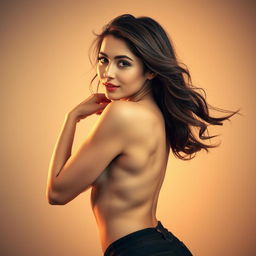 A confident young woman engaging in a playful and artistic pose, embracing her body in a tasteful manner