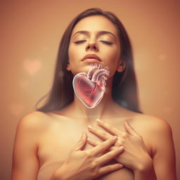 A serene woman with closed eyes, gently resting her hands over her heart, conveying a sense of inner peace and tranquility