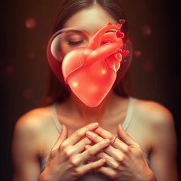 A serene woman with closed eyes, gently resting her hands over her heart, conveying a sense of inner peace and tranquility