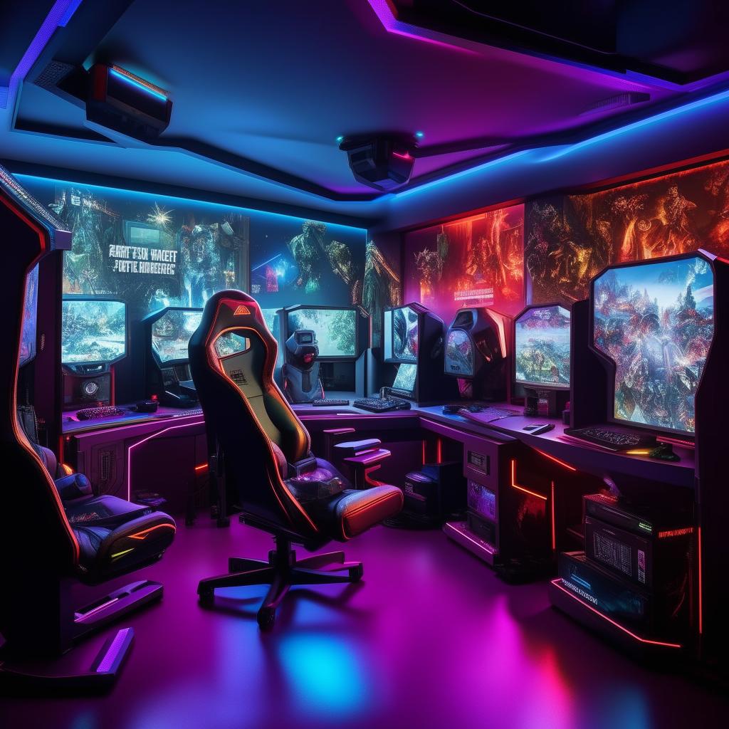 A high-tech gaming room filled with LED lights, multiple monitors, a state-of-the-art gaming chair, and collections of various game titles